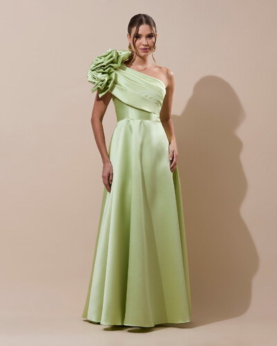 Foto Vestido de Festa Longo Zibeline um Ombro Só Flor Drapeado Verde Lima New