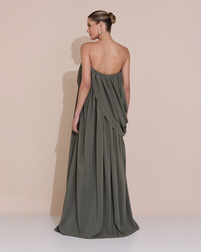 Foto Vestido de Festa Longo Tomara Que Caia Crepe Chiffon Drapeado Verde Oliva