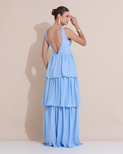 Foto Vestido de Festa Longo Decote V Crepe Chiffon Plissado Camadas Babado Serenity
