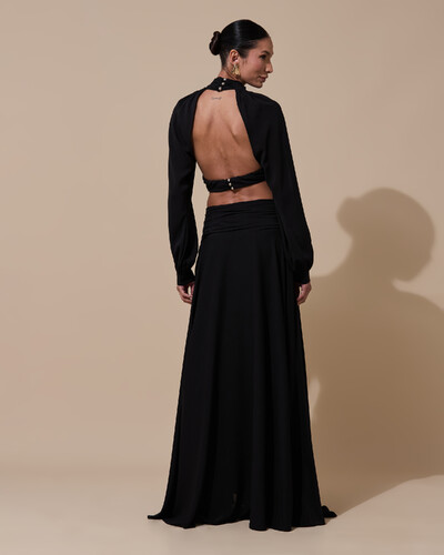 Foto Vestido de Festa Longo Gola Alta Crepe Chiffon Recortes Drapeado Manga Longa Fenda Preto