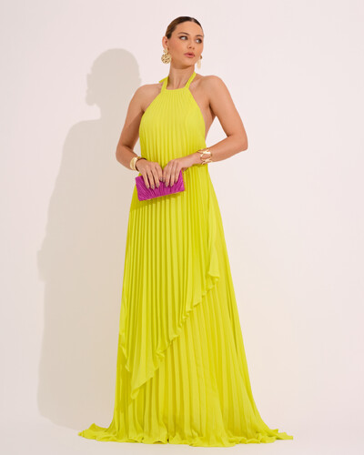Foto Vestidos de Festa Longo Chiffon Fluido Frente Única Plissado Duplo Verde Lima