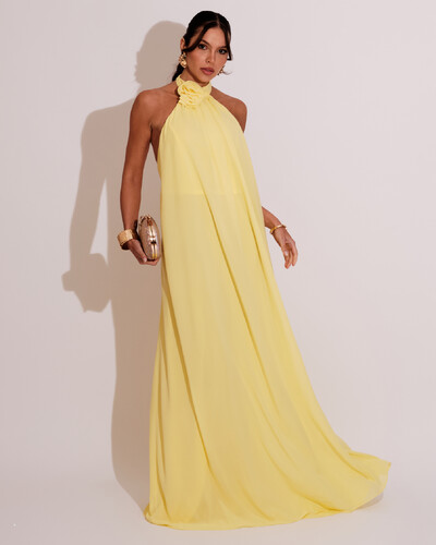 Foto Vestido Longo Crepe Chiffon Frente Única Fluido Flor Removível Amarelo