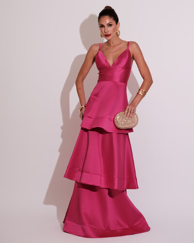 Foto Vestido de Festa Longo Zibeline em Camadas Decote em V com Alças Pink