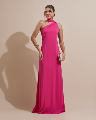 Foto Vestido de Festa Longo Crepe Chiffon Um Ombro Só Drapeado Pink