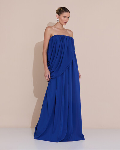 Foto Vestido de Festa Longo Tomara Que Caia Crepe Chiffon Drapeado Azul Royal