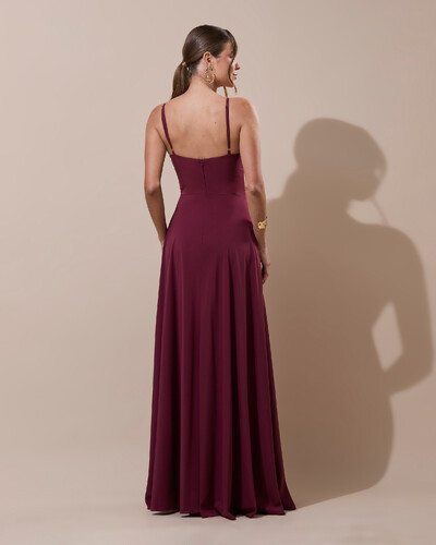 Foto Vestido de Festa Longo Crepe Chiffon Drapeado com Alças e Saia Fluida Marsala