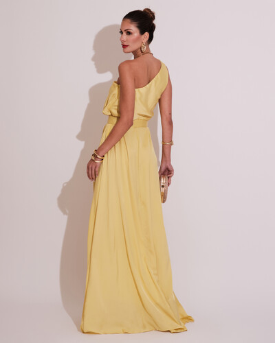 FotoVestido Longo um Ombro com Busto Blousê e Fenda Amarelo