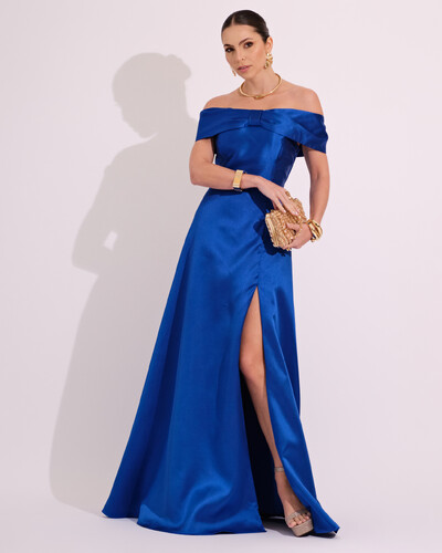 Foto Vestido de Festa Longo Ombro a Ombro Laço Zibeline com Fenda Azul Royal