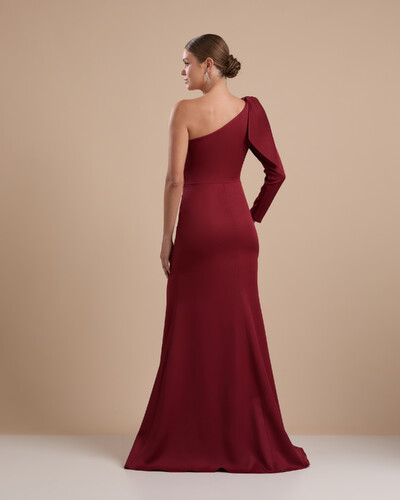 FotoVestido de Festa com Laço de Um Ombro em Alfaiataria Fenda Marsala