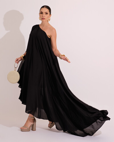 Foto Vestido de Festa um Ombro com Capa Crepe Fluido Preto