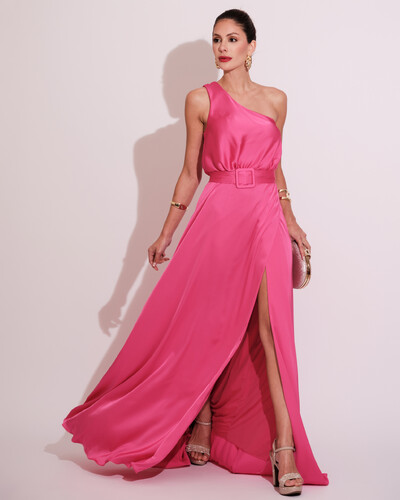 Foto Vestido Longo um Ombro com Busto Blousê e Fenda Pink