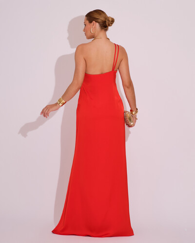 FotoVestido Longo de Festa em Cetim Fluido Um Ombro Só Vermelho