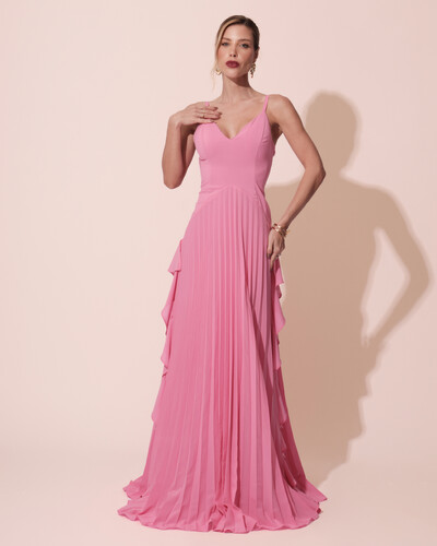 Foto Vestido de Festa Longo Crepe Chiffon Alça Fina Saia Plissada com Babado Cascata Rosa