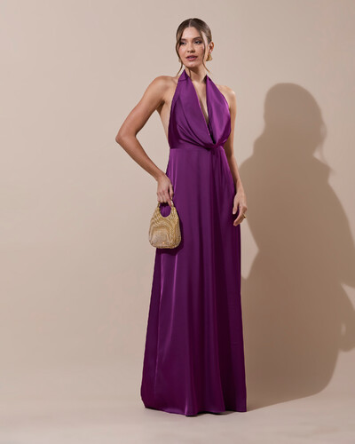 Foto Vestido de Festa Longo Frente Única Degagê Cetim Fluido Roxo