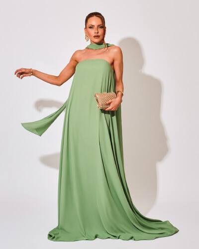 Foto Vestido de Festa Longo Crepe Tomara que Caia com Lenço Verde Matcha