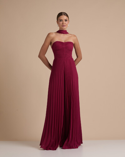 Foto Macacão de Festa Longo Crepe Chiffon Tomara que Caia Plissado com Lenço Cereja