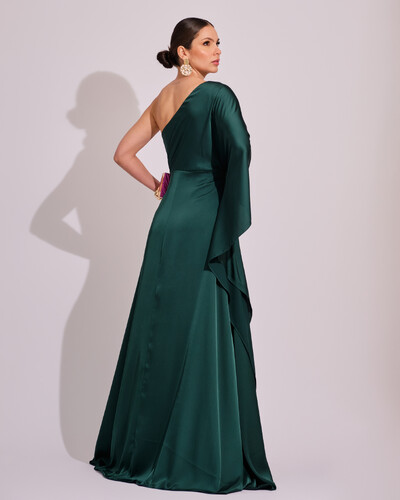 FotoVestido Longo de Cetim Fluido uma Manga e Detalhe Torcido Verde Escuro