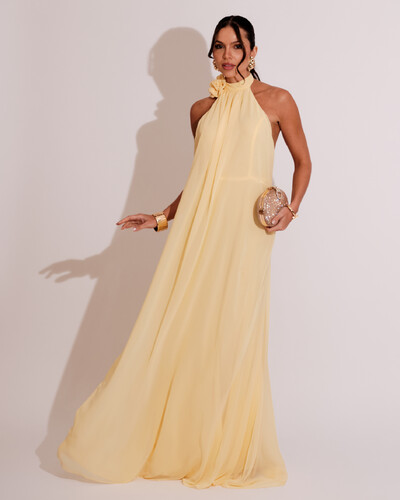 Foto Vestido Longo Crepe Frente Única Fluido Flor Removível Amarelo Manteiga
