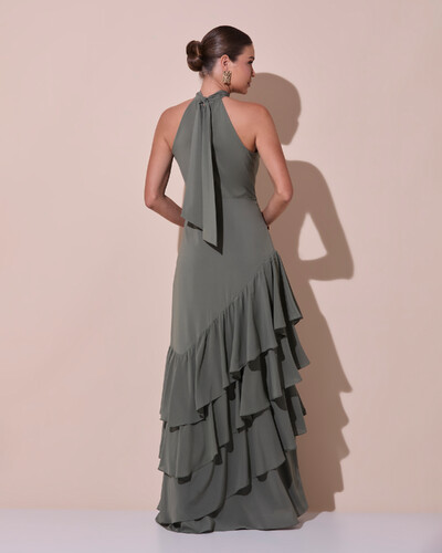 Foto Vestido de Festa Longo Chiffon Crepe Gola Alta Babados Verde Oliva