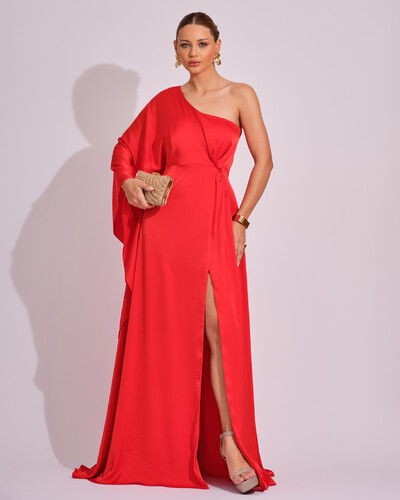 Foto Vestido Longo de Cetim Fluido uma Manga e Detalhe Torcido Laranja