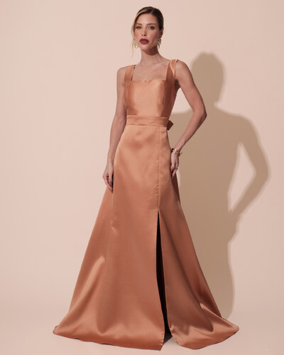 Foto Vestido de Festa Longo Zibeline com Fenda e Faixa Mocha Mousse New