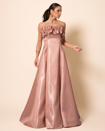 Foto Vestido de Festa Longo Cetim Cristal Tomara que Caia com Flor 3D Mocha Mousse