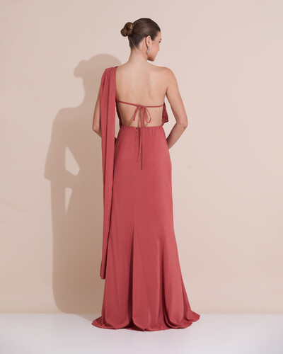 Foto Vestido de Festa Longo Um Ombro Só Crepe Chiffon Lenço Terracota