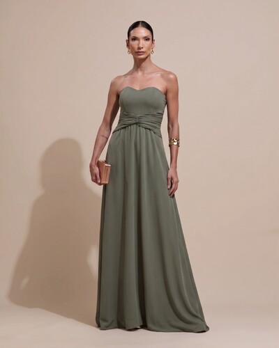 Foto Vestido de Festa Longo Tomara Que Caia Crepe Chiffon Drapeado Capa Verde Oliva
