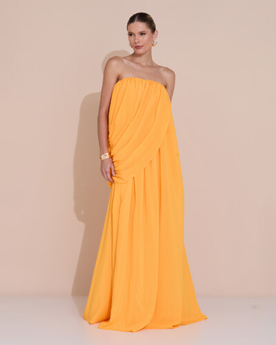 Foto Vestido de Festa Longo Tomara Que Caia Crepe Chiffon Drapeado Laranja Manga New