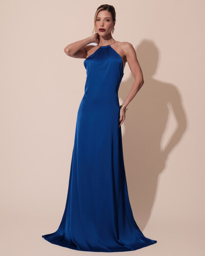 Foto Vestido de Festa Longo Cetim Fluido com Argola Frente Única Azul Royal