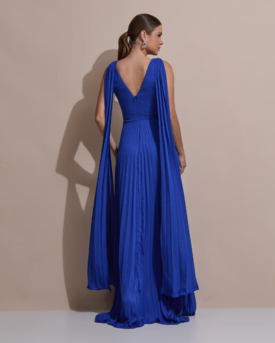 Foto Vestido de Festa Longo Crepe Chiffon Plissado com Lenço nas Alças Azul Royal