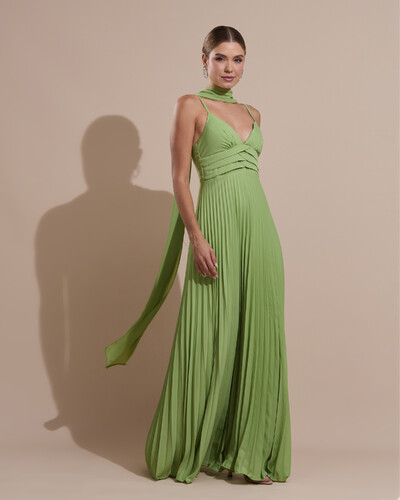 Foto Vestido de Festa Longo Plissado Crepe Chiffon com Alça e Lenço Verde Garden