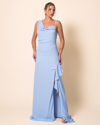 Foto Vestido de Festa Longo Crepe Chiffon Degagê com Fenda e Babado Cascata Serenity