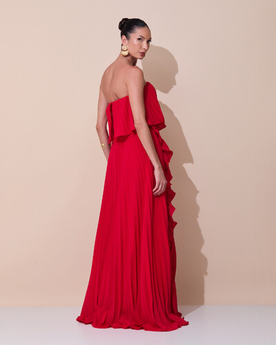 Foto Vestido de Festa Longo Crepe Chiffon Tomara que Caia Plissado com Babado Cascata Vermelho