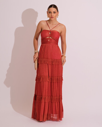 Foto Vestido de Festa Longo Tule com Saia Babado Terracota
