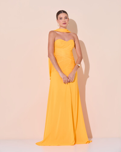 Foto Vestido de Festa Longo Decote Coração Crepe Chiffon Drapeado Plissado Lenço Laranja Manga New