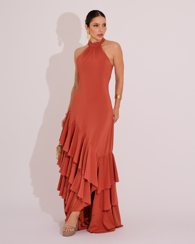 Foto Vestido de Festa Longo Decote Halter com Babados Terracota