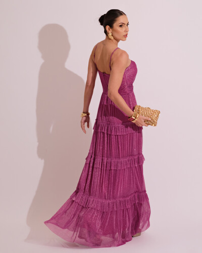 FotoVestido de Festa Longo Tule com Saia Babado Fúcsia