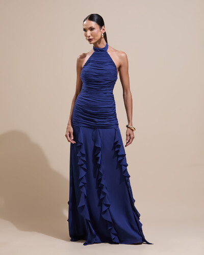 Foto Vestido de Festa Longo Frente Única Crepe Chiffon Drapeado Babados Cascata Azul Marinho