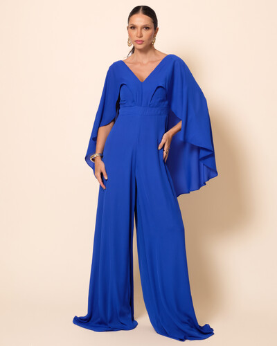 Foto Macacão de Festa Longo Crepe Chiffon com Capa Azul Royal