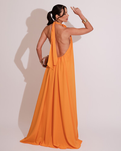 FotoVestido Longo Crepe Chiffon Frente Única Fluido Flor Removível Mango Sorbet