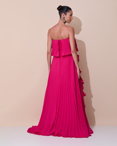 Foto Vestido de Festa Longo Crepe Chiffon Tomara que Caia Plissado com Babado Cascata Pink Escuro