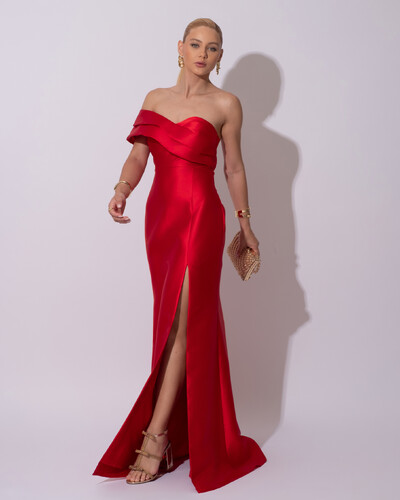 Foto Vestido de festa Longo Zibeline Faixa Drapeada Ombro e Fenda Vermelho