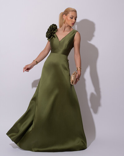 Foto Vestido de Festa longo Zibeline Decote em V com Flores Removivel Verde Oliva