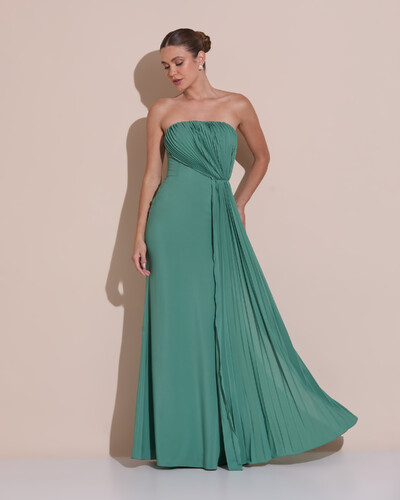 Foto Vestido de Festa Longo Tomara Que Caia Crepe Chiffon Plissado Lenço Verde Matcha Escuro