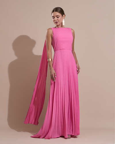 Foto Vestido de Festa Longo Crepe Chiffon Plissado com Lenço nas Alças Rosa
