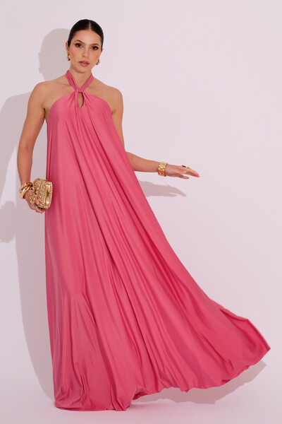 Foto Vestido Longo com Amarração em Malha Rosa