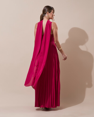 FotoVestido de Festa Longo Plissado Crepe Chiffon com Alça e Lenço Cereja