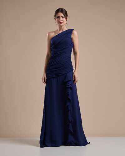 Foto Vestido de Festa Longo Crepe Chiffon Um Ombro Só Drapeado com Babado Cascata Azul Marinho