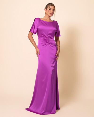 Foto Vestido de Festa Longo Cetim Fluido Manga Curta Drapeado Fúcsia